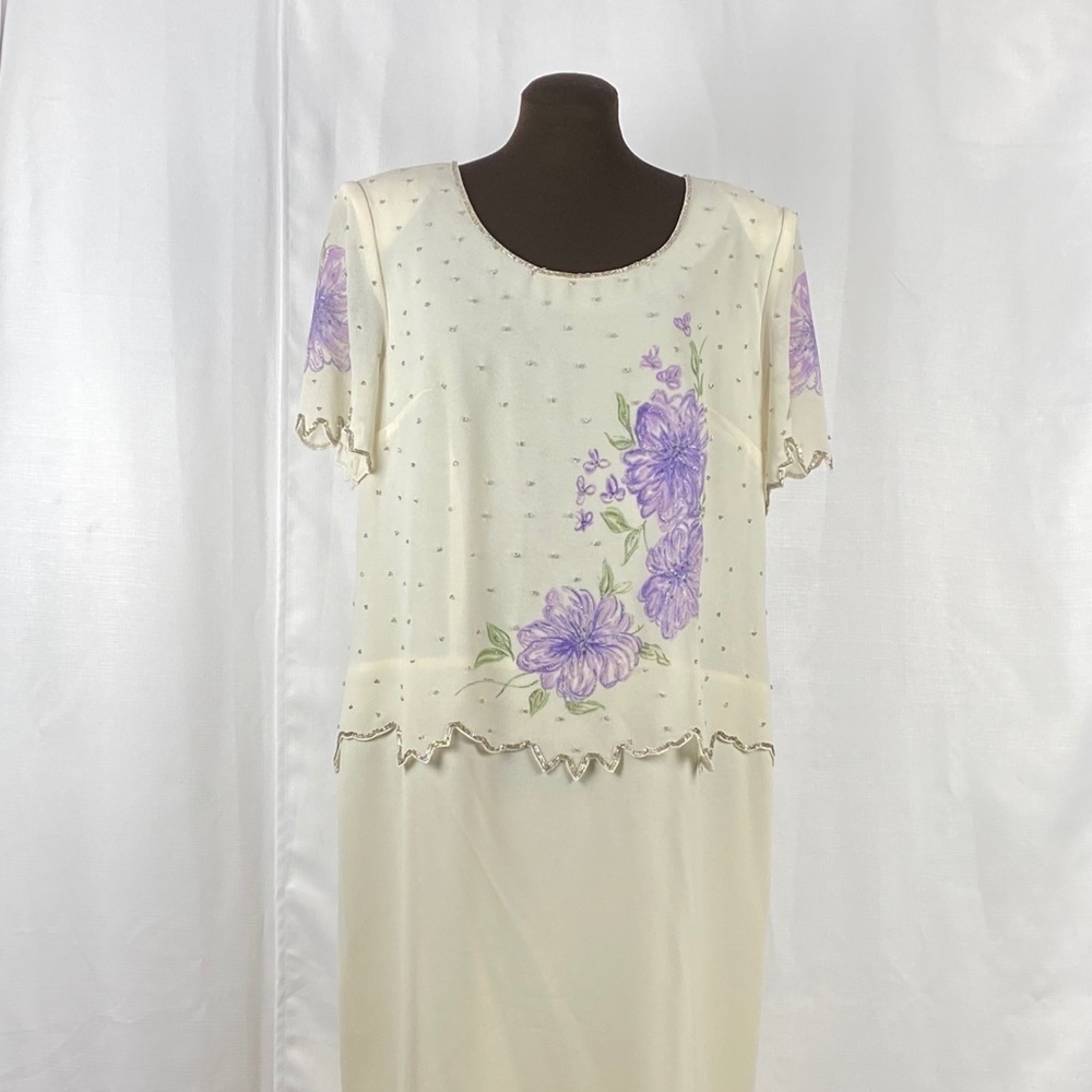 R & M Richards Lovely Cream with Flowers Occasion Dress w/Beading